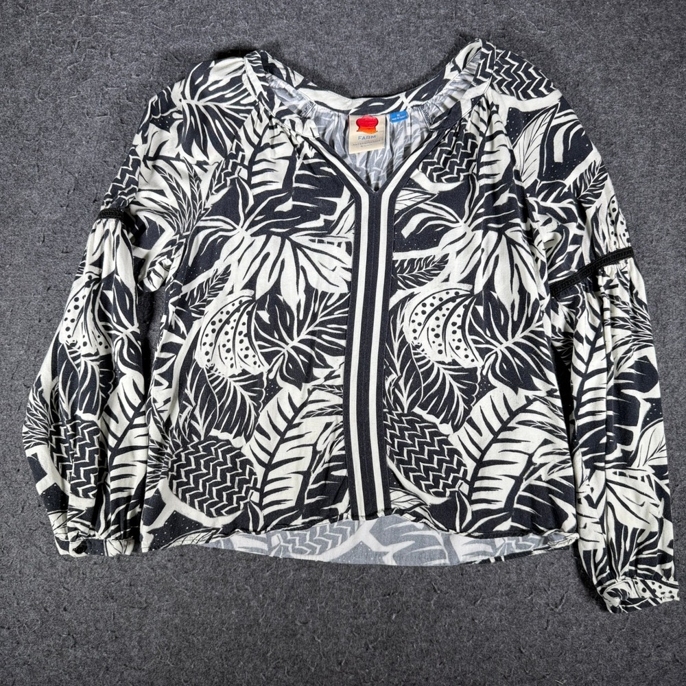 Farm Rio for Anthropologie Black White Pineapple Tropical V-Neck Blouse M